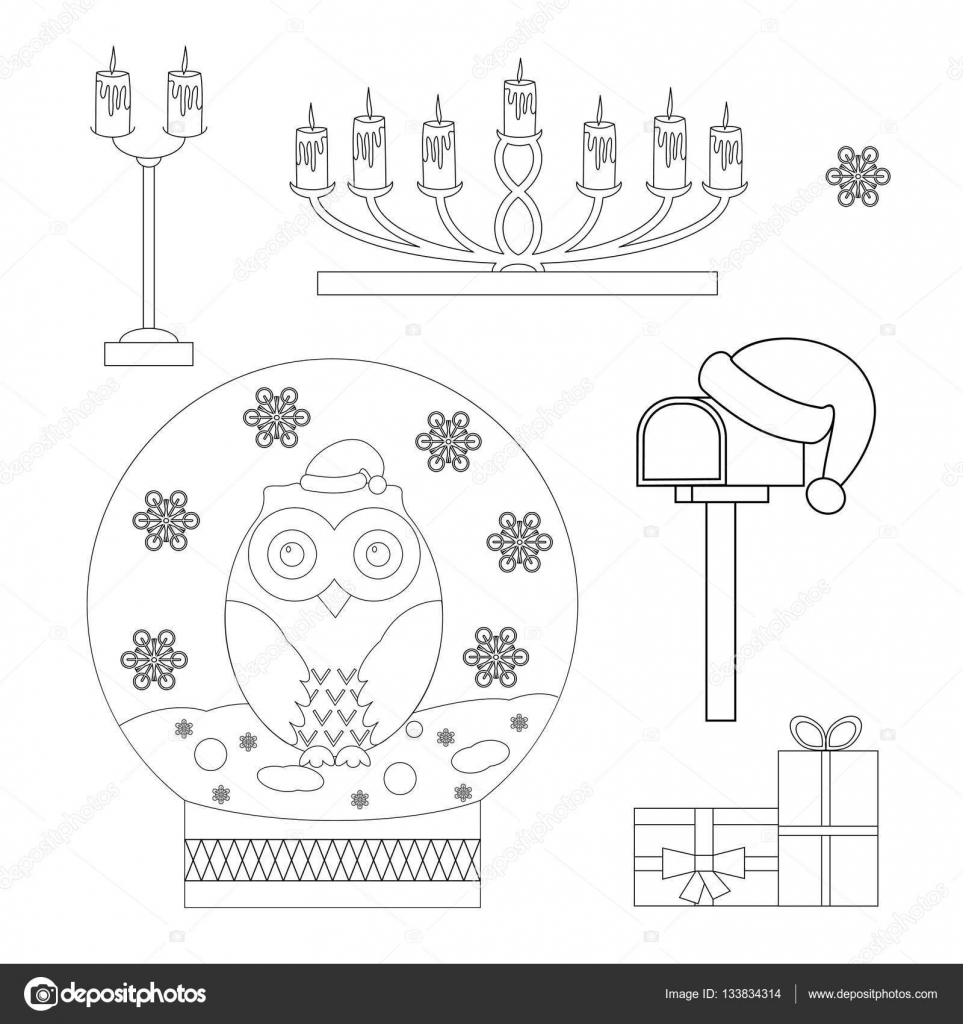 Set Kleurplaat Kerst Sneeuw Globe Met Een Uil Kandelaars Met