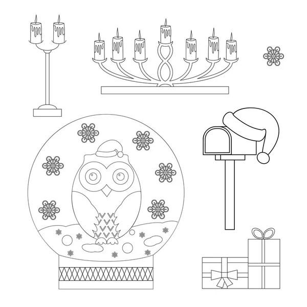 Malvorlagen: Weihnachtsschneekugel mit Eule, Kerzenständer mit Kerzen, Geschenke, Briefkasten in Weihnachtsmütze des Vaters. Malbuch. Vektorillustration. — Stockvektor