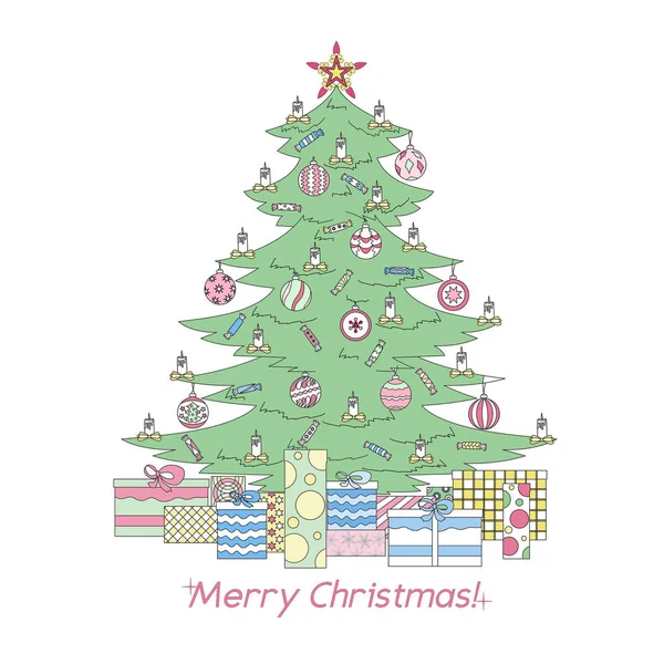 Color árbol de Navidad, estrella, bolas, dulces, velas y regalos. Tarjeta de felicitación con Navidad. Ilustración vectorial . — Vector de stock