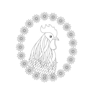 Fantezi çiçekler bir çerçeve içinde horoz ile kitap boyama. Sembol, Çin yeni yılı 2017. Siyah-beyaz çizim ele çekin. Vektör çizim.
