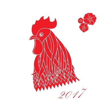 Çin yeni yılı Ajur beyaz kağıt kartı. Kırmızı horoz - sembolü ile Erik çiçeği ya da şeftali kırmızı bir arka plan üzerinde Çin yeni yılı ile Tasarım şablonundan. Lazer dekorasyon şablon için tebrik kartları, davetiyeler. Vektör çizim.