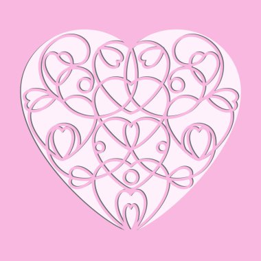Sevgililer günü Ajur pembe kağıt kartı. Beyaz bir arka plan üzerinde kalp ile Tasarım şablonundan. Lazer dekorasyon şablon için tebrik kartları, davetiyeler. Vektör çizim.