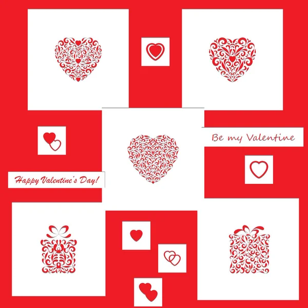 Ensemble de carte de papier blanc ajourée Saint-Valentin. Pochoir design avec des cœurs et des cadeaux. Modèle de décoration laser pour cartes de vœux, invitations. Illustration vectorielle . — Image vectorielle