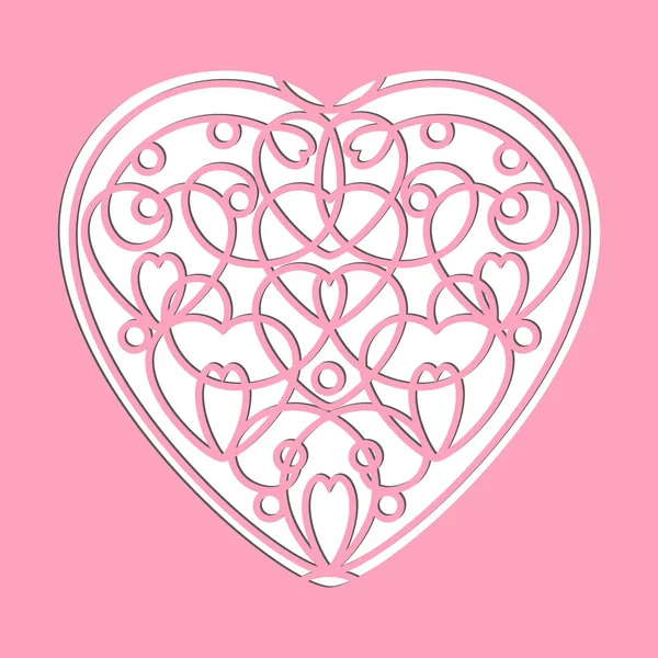 Valentinstag durchbrochene rosa Papierkarte. Schablonendesign mit Herz auf weißem Hintergrund. Laser-Dekorationsvorlage für Grußkarten, Einladungen. Vektorillustration. — Stockvektor