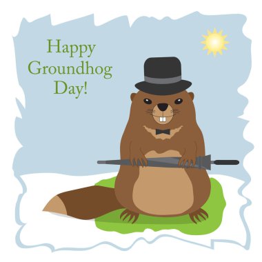 Mutlu bugün aslında dündü. Bir şemsiye ile şapka içinde şirin köstebek ile tebrik kartı. Vektör çizim.