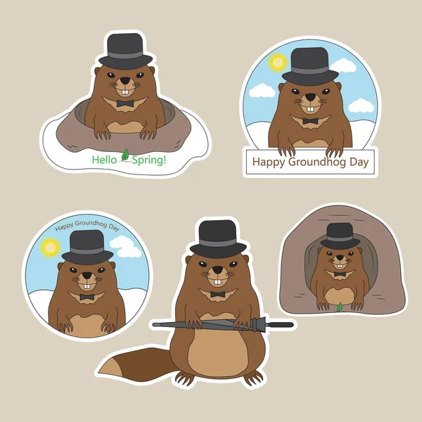 Un conjunto de pegatinas Feliz Día de la Marmota con linda marmota en el sombrero. En el agujero y fuera del agujero. Hola Spring. Ilustración vectorial . — Vector de stock