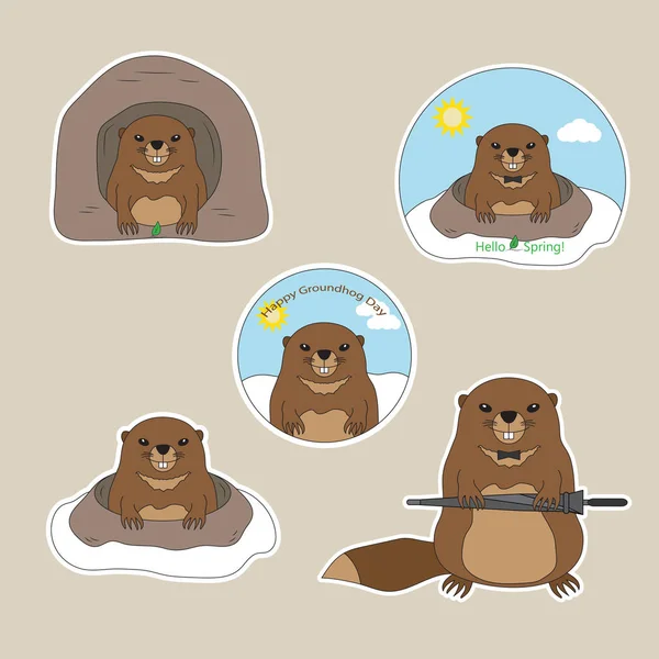 Un conjunto de pegatinas Feliz Día de la Marmota con linda marmota con paraguas. En el agujero y fuera del agujero. Hola Spring. Ilustración vectorial . — Vector de stock