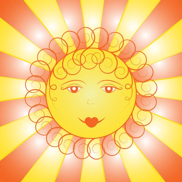 Sol brillante y divertido con rizos en el fondo de rayas anaranjadas y amarillas. Ilustración vectorial para pancarta, póster, tarjeta de felicitación . — Vector de stock