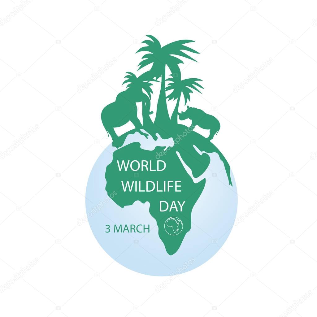 March 3 World Wildlife Day. Globe with Africa, silhouettes of elephant, rhinoceros and palm trees. Vector illustration for you design, banner and poster, card or calendar.