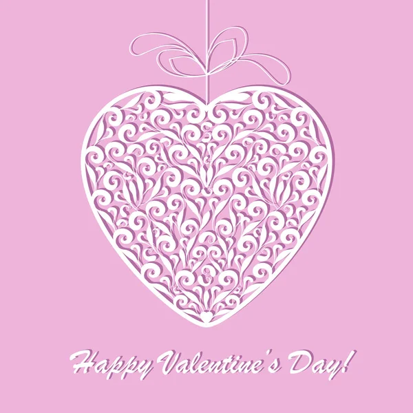 Happy Valentine's Day openwork white paper card. Stencil design with heart on a pink background. Laser cutting decoration template for greeting card, poster, banner, invitations. Vector illustration. — Stock Vector