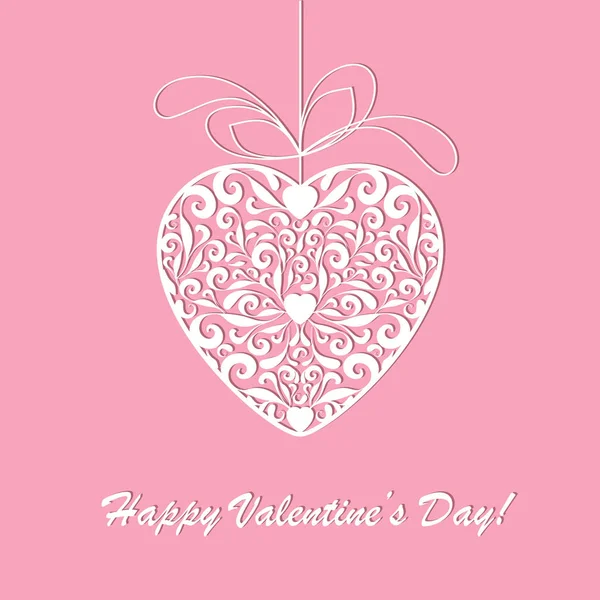 Happy Valentine's Day openwork white paper card. Stencil design with heart on a pink background. Laser cutting decoration template for greeting cards, invitations, poster, banner. Vector illustration. — Stock Vector