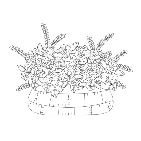 大人と子供のための塗り絵。ファンタジー花瓶の花束。黒と白のモノクロのベクトル図. — ストックベクタ