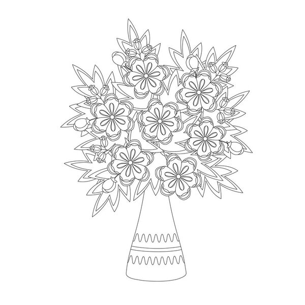 Coloring book for adults and children. Bouquet of Fantasy flowers in vase. Black and white monochrome vector illustration.