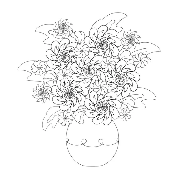 大人と子供のための塗り絵。ファンタジーの花の花瓶の花束黒と白のモノクロのベクトル図. — ストックベクタ