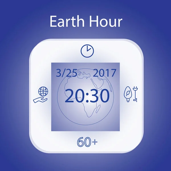 Earth Hour. Poster dağılımı harita ve ekoloji sembolleri ile elektronik bir çalar saat ile. Vektör çizim. — Stok Vektör