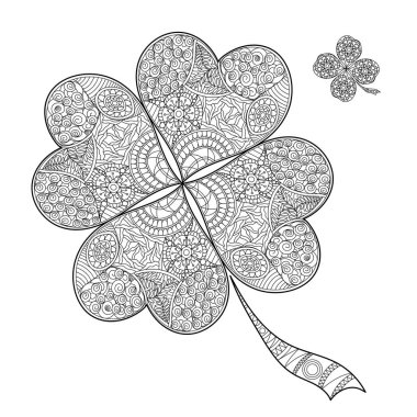 Kitap shamrock St Patrick's Day.Black ve beyaz yonca dört yaprakları ile boyama. El çizmek doodle desen ile dekore edilmiştir. İyi şanslar iz vektör.
