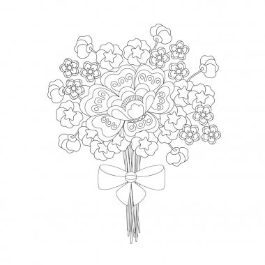 Bouquet of Fantasy flowers with a bow. Coloring book for adults and children. Black and white vector illustration. clipart