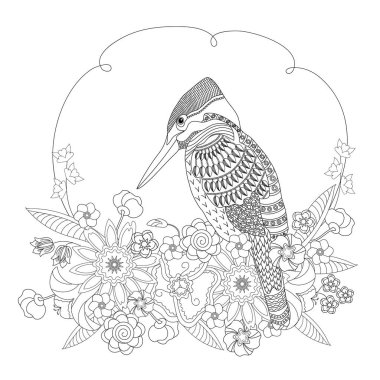 Fantezi çiçekler kuş. Yetişkinler ve çocuklar için boyama kitabı. Siyah ve beyaz vektör çizim.