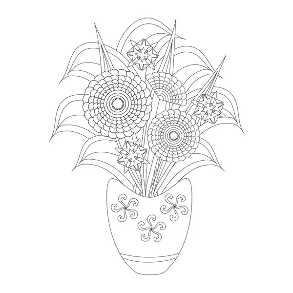 大人と子供のための塗り絵。ファンタジーの花の花瓶の花束黒と白のベクトル図. — ストックベクタ