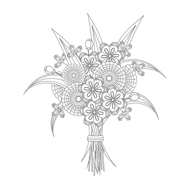 Bouquet de fleurs fantaisie avec un arc. Livre à colorier pour adultes et enfants. Illustration vectorielle noir et blanc . — Image vectorielle