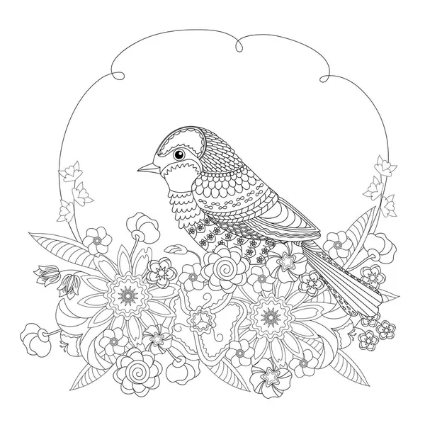 花のファンタジー鳥。大人と子供のための塗り絵。黒と白のベクトル図. — ストックベクタ