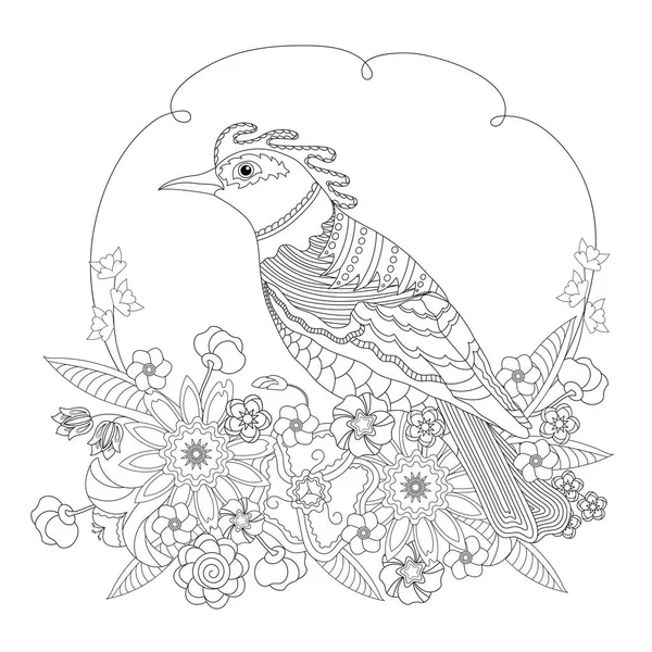 Pájaro de fantasía en flores. Libro para colorear para adultos y niños. Ilustración vectorial en blanco y negro . — Archivo Imágenes Vectoriales