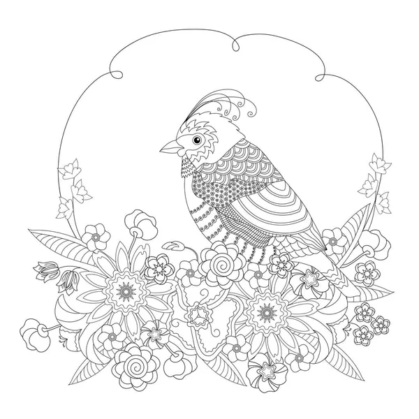 Fantasie zangvogels bloemen. Kleurboek voor volwassenen en kinderen. Zwart-wit vectorillustratie. — Stockvector