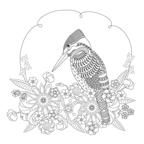 Fantasy madár virágok. Kifestőkönyv, felnőttek és gyermekek számára. Fekete-fehér vektoros illusztráció. — Stock Vector