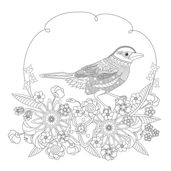 Fantasie zangvogels bloemen. Kleurboek voor volwassenen en kinderen. Zwart-wit vectorillustratie. — Stockvector