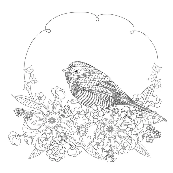 Pájaro de fantasía en flores. Libro para colorear para adultos y niños. Ilustración vectorial en blanco y negro . — Archivo Imágenes Vectoriales