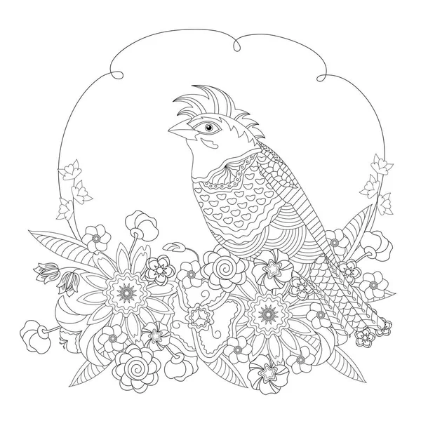 Pájaro de fantasía en flores. Libro para colorear para adultos y niños. Ilustración vectorial en blanco y negro . — Vector de stock