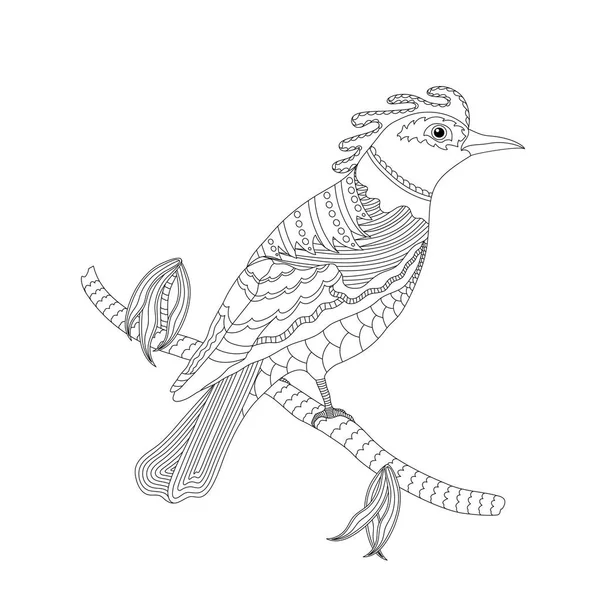 Раскраска для взрослых и детей. Фантастическая птица на ветке. Черно-белая векторная иллюстрация . — стоковый вектор