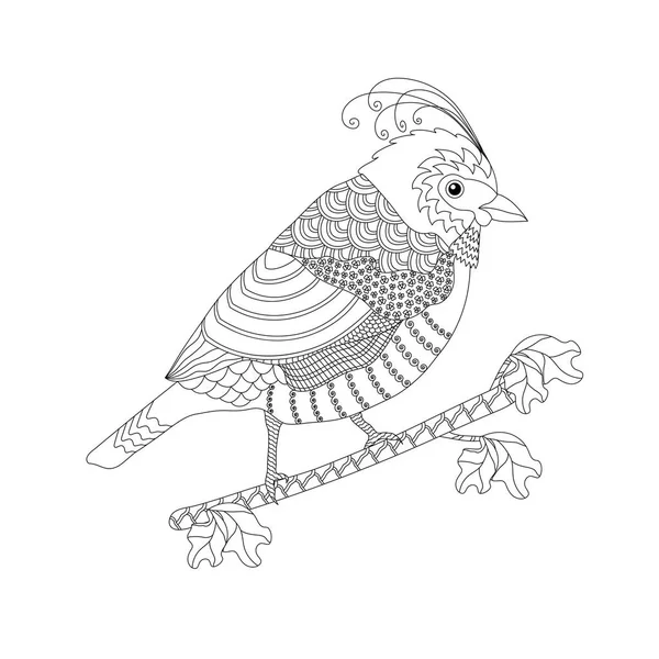Kleurboek voor volwassenen en kinderen. Fantasie vogel op een tak. Zwart-wit vectorillustratie. — Stockvector