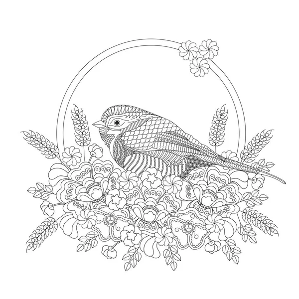 Uccello di fantasia nei fiori. Libro da colorare per adulti e bambini. Illustrazione vettoriale bianco e nero . — Vettoriale Stock