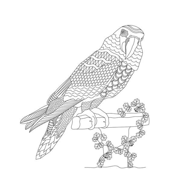 Livro para colorir para adultos e crianças. Pássaro de fantasia num ramo. Ilustração vetorial em preto e branco . — Vetor de Stock