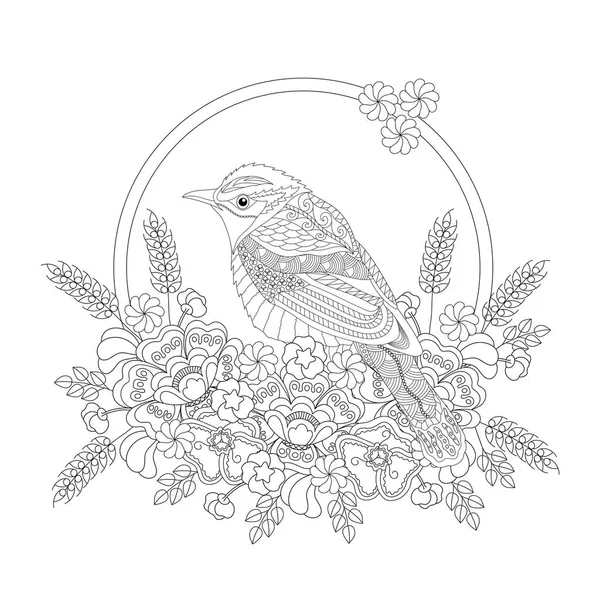 Fantasy bird in flowers. Coloring book for adults and children. Black and white vector illustration. — Stock Vector