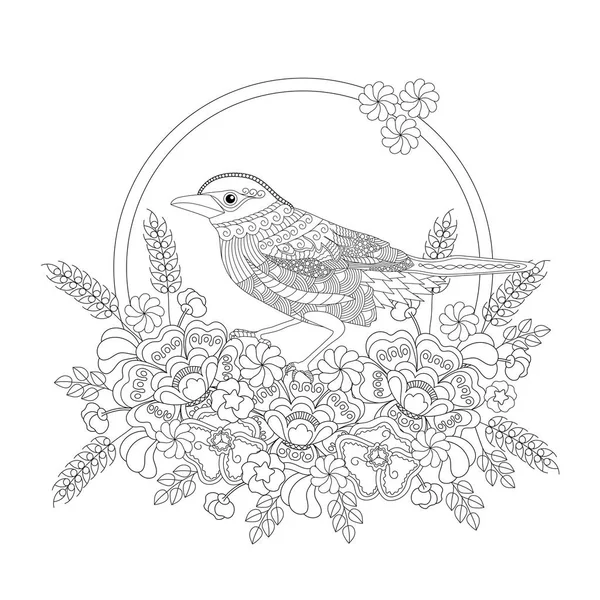 Fantasie zangvogels bloemen. Kleurboek voor volwassenen en kinderen. Zwart-wit vectorillustratie. — Stockvector