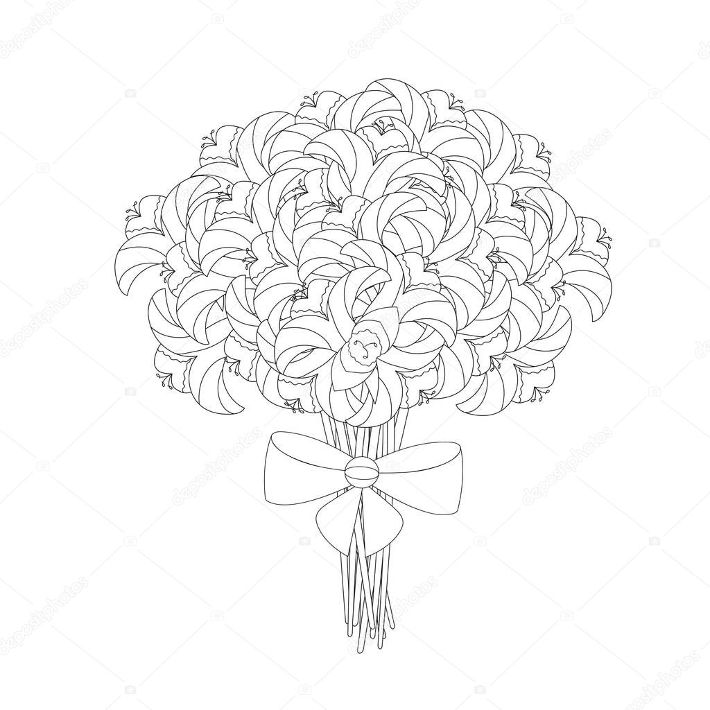 Coloring book for adults and children. Bouquet of Fantasy flowers in vase. Black and white vector illustration.