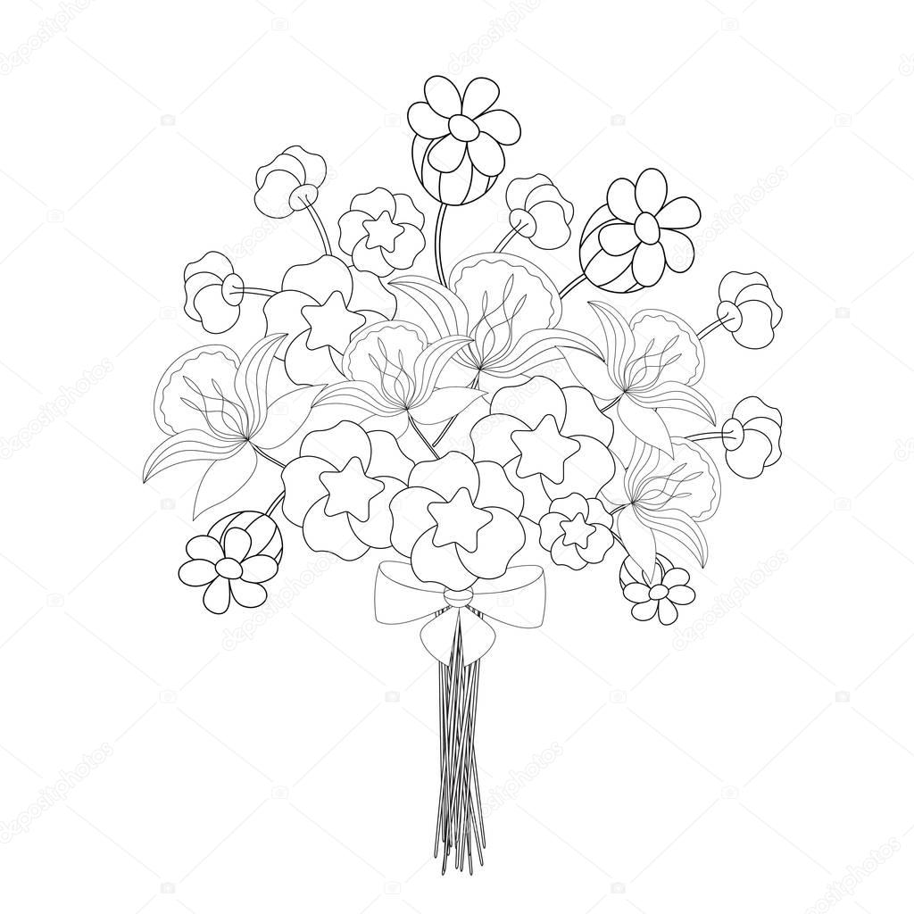 Bouquet of Fantasy flowers with a bow. Coloring book for adults and children. Black and white vector illustration.