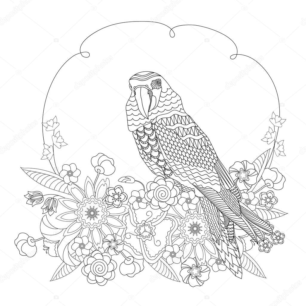 Fantasy bird in flowers. Coloring book for adults and children. Black and white vector illustration.