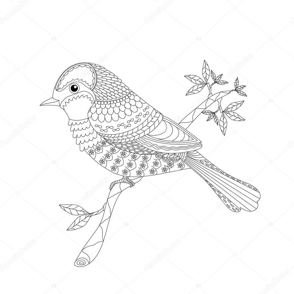 Coloring book for adults and children. Fantasy bird on a branch. Black and white vector illustration.