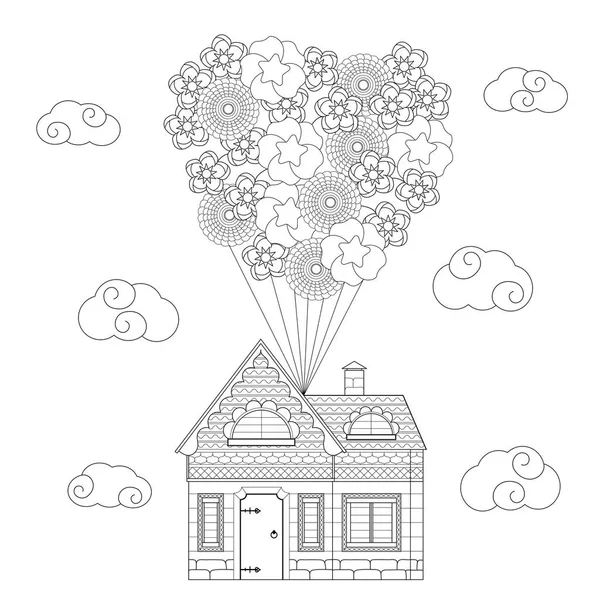 Maison de village, volant dans les nuages sur un ballon de fleurs. Livre à colorier pour enfants et adultes. Illustration vectorielle . — Image vectorielle