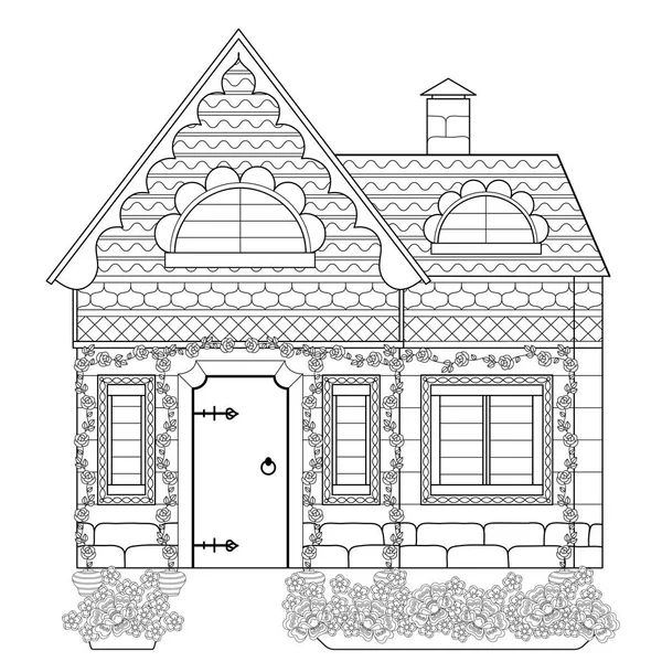 Casa de pueblo con rosas. Camas de flores con flores. Libro para colorear para niños y adultos. Ilustración vectorial . — Vector de stock