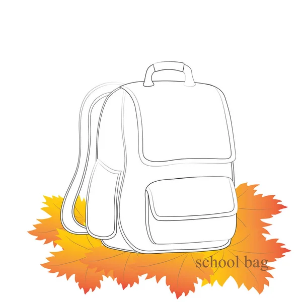 Σκίτσο του backpack σχολείο σε έναν σωρό των φθινοπωρινά φύλλα. Εικονογράφηση διάνυσμα. — Διανυσματικό Αρχείο