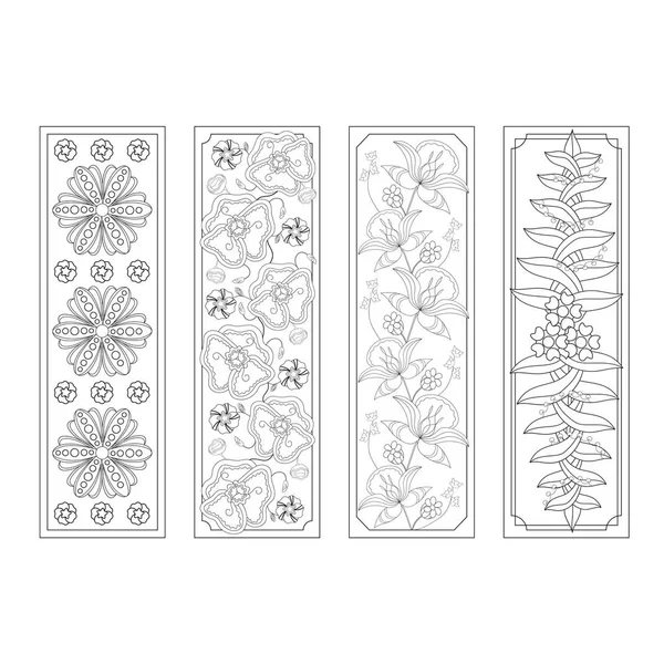 Conjunto de cuatro marcadores. Dibuja bocetos a mano en blanco y negro. Flores de fantasía zendoodle. Lirio estilizado, manzanilla, amapola. Libro para colorear para niños y adultos, etiqueta, pancarta. Ilustración vectorial . Ilustraciones De Stock Sin Royalties Gratis