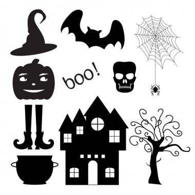 Siluetleri kümesi: el çekilmiş ağaç, kafatası, örümcek, örümcek ağı, kabak, yarasa, Cadılar pot, şapka, Ayakkabı, çorap castle. Beyaz arka plan üzerinde izole Cadılar Bayramı vektör çizim. 