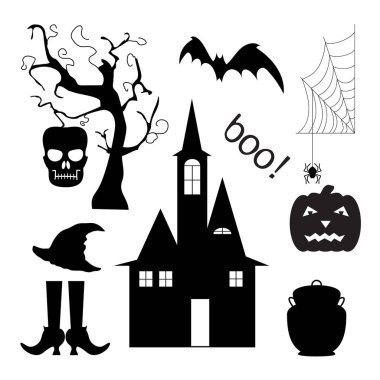 Cadılar Bayramı siluetleri kümesi: yarasa, elle çizilmiş ağaç, kafatası, örümcek, örümcek ağı, kabak, Cadılar pot, şapka, Ayakkabı, çorap castle. Beyaz arka plan üzerinde izole vektör çizim. 