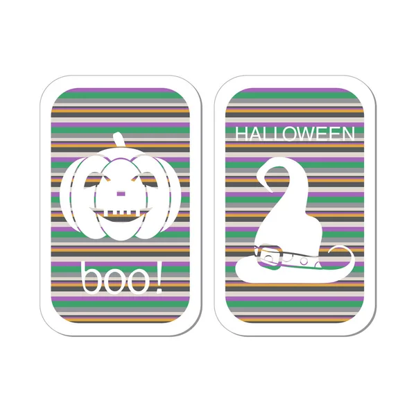 Card with silhouettes of Halloween: pumpkin and witches hat. White Boo! on the color. Vector illustration. — Stock Vector