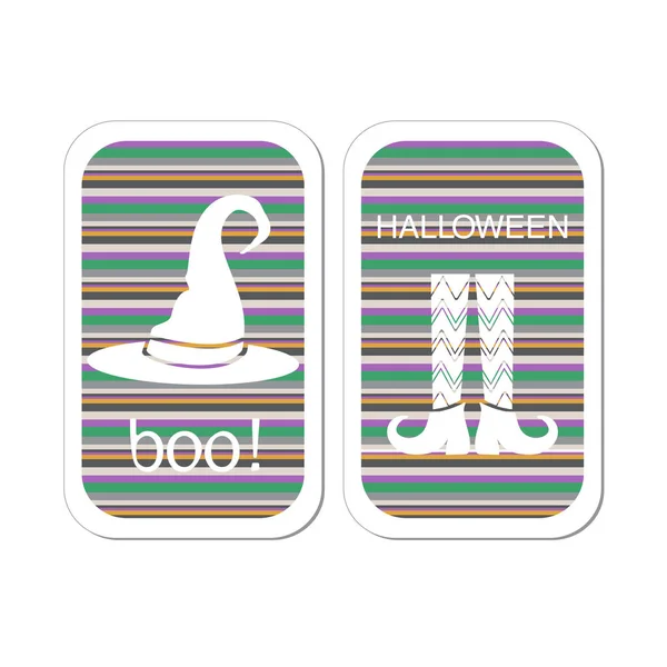 Carte avec silhouettes d'Halloween : chapeau de sorcières et bas avec des chaussures. White Boo ! sur la couleur. Illustration vectorielle . — Image vectorielle