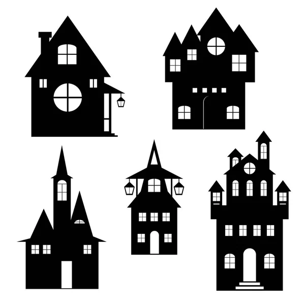 Set of vector silhouettes of a witch castle on a white background. Halloween party. — Stock Vector